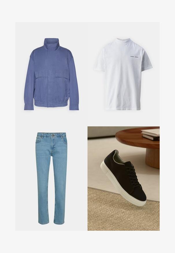 Leichte blaue Jacke mit hohem Kragen, Fronttaschen und elastischem Saum. Hergestellt aus einem glatten Stoff mit leicht strukturiertem Finish.; Weißes Baumwoll-T-Shirt mit hohem Ausschnitt und kurzen Ärmeln. Mit schwarzem "SAMSØE SAMSØE" Logo auf der Vorderseite. Glatte Textur.; Helle blaue Jeans aus Denim mit geradem Bein, im fünf-Taschen-Stil und einem Knopfverschluss. Glatte Textur und minimalistische Nähdetails.; Schwarze Sneakers mit weißer Sohle, die über einem beige strukturierten Teppich schweben, in der Nähe eines runden Holztisches mit gestapelten Büchern.
