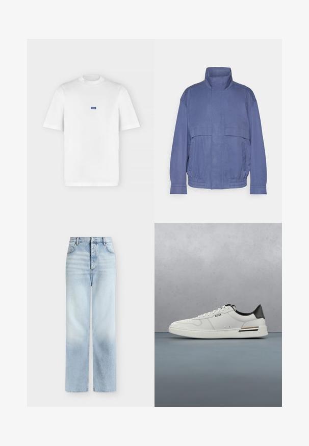 Lichte blauwe jas met hoge kraag, vo pockets en elastische zoom. Gemaakt van gladde stof met een licht gestructureerde afwerking.; Wit T-shirt met korte mouwen en een ronde hals met een klein blauw rechthoekig "HUGO"-logo gecentreerd op de borst.; Lichtblauwe, hoog getailleerde, rechte jeans met voorzakken, riemlussen en een knoopsluiting.; Witte lage sneaker met zwarte hiel, vetersluiting, subtiele perforaties en het "BOSS" logo aan de zijkant, getoond vanuit het zijprofiel.