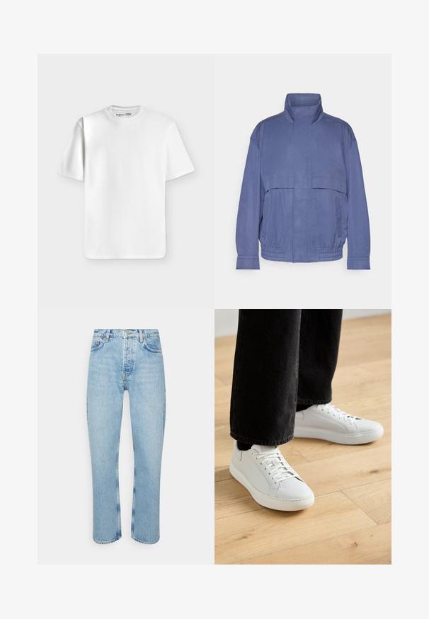 Veste légère bleue avec col montant, poches avant et ourlet élastiqué. Fabriquée en tissu lisse avec une finition légèrement texturée.; T-shirt blanc uni à manches courtes et col rond, posé à plat sur un fond gris clair avec une petite étiquette de marque à l’intérieur du col.; Jean en denim bleu clair avec une coupe droite, taille haute, design à cinq poches et détails de couture visibles sur les coutures et les ourlets.; Baskets basses en cuir blanc, avec un système de laçage, un bout arrondi et un design minimaliste. Associées à un jean noir slim.