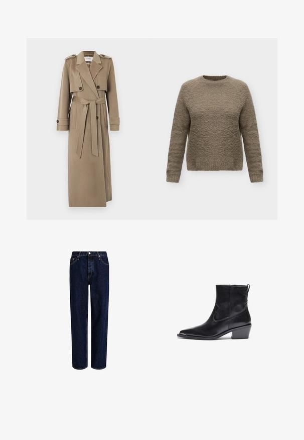 Lang beige trenchcoat med brede revers, skulderklaffer, knapmanchetter, to forlommer og et bælte i taljen, vist på en grå baggrund.; Langærmet crew neck sweater i tekstureret taupe stof med en let løs pasform, vist på en ensfarvet hvid baggrund.; Mørkeblå denim jeans med lige ben-design, der har høj talje, fem-lomme-stil og kontrastsyninger. Ingen dekorationer.; Sort læder ankelstøvle med spids tå og lav blokhæl. Funktioner inkluderer en sidelukning med lynlås og minimale syninger for et elegant design.