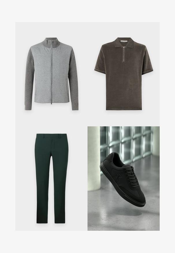 Grå zip-up jakke med glat front og ribbede ærmer. Ståkrave og sidelommer, designet med en simpel, moderne silhuet.; Mørkegrøn polo i blødt, tekstureret stof med kvart lynlås og korte ærmer med ribkant.; Mørkegrønne bukser med en lige ben-design, lavet af et glat stof. Har en flad front og standard talje med bæltesløjfer.; Sort lavtop sneakers med snørebånd og "CK"-logo på siden, svævende over poleret beton gulv nær væg af glasblokke.