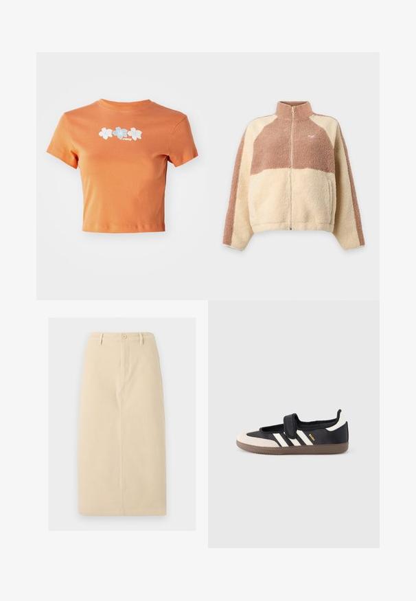 Fleecejacke mit durchgehendem Frontreißverschluss, hohem Kragen und Farbfeldern in Beige und Hellbraun, mit kleinem Herz-Logo auf der Brust.; Kurzes oranges T-Shirt aus Baumwolle mit kurzen Ärmeln, verziert mit weißen und hellblauen gestickten Blumen auf der Vorderseite.; Beige, knielanger Rock aus einem robusten Stoff, mit einer Knopfverschluss vorne und dezenten vertikalen Nahtdetails.; Schwarzer und beiger Sneaker mit Klettverschluss, drei weißen Streifen an der Seite und einer strukturierten braunen Gummisohle. Markenlogo sichtbar.