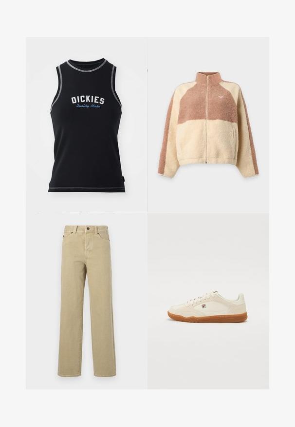 Ζακέτα fleece με ολόκληρο φερμουάρ μπροστά, ψηλό γιακά και χρωματικά μπλοκ σε μπεζ και ανοιχτό καφέ, με μικρό λογότυπο καρδιάς στο στήθος.; Μαύρο χωρίς μανίκια t-shirt με γκρι ραφή. Περιλαμβάνει το λογότυπο "DICKIES" σε λευκό και μπλε. Κατασκευασμένο από λείο, ελαστικό ύφασμα.; Μπεζ τζιν παντελόνι φαρδύ στο πόδι, κατασκευασμένο από μαλακό βαμβάκι, με κλασικό σχέδιο πέντε τσεπών, κουμπωτή εμπρόσθια σειρά και εμφανείς ραφές κατά μήκος των ραφών και των τελειωμάτων.; Λευκά αθλητικά παπούτσια με σουέτ φινίρισμα, καουτσούκ λάστιχο και ραμμένες λεπτομέρειες. Διαθέτουν σχέδιο με κορδόνια και μικρό λογότυπο στο πλάι.