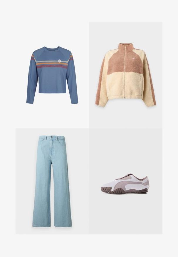 Ζακέτα fleece με ολόκληρο φερμουάρ μπροστά, ψηλό γιακά και χρωματικά μπλοκ σε μπεζ και ανοιχτό καφέ, με μικρό λογότυπο καρδιάς στο στήθος.; Ανοιχτό μπλε μακρυμάνικο crop top με ράγλαν μανίκια, που διαθέτει πολύχρωμες οριζόντιες ρίγες σε κόκκινο, κίτρινο και κρέμ κατά μήκος του στήθους.; Ανοιχτό μπλε τζιν παντελόνι με φαρδιά μπατζάκια, εμπρόσθιο κουμπί, φερμουάρ, θηλιές για ζώνη και πλαϊνές τσέπες σε λευκό φόντο.; Αθλητικό παπούτσι ανοιχτού γκρι χρώματος με απαλό επάνω μέρος από σουέντ, λαστιχένια σόλα με υφή αγκίστρων και ευέλικτο σχεδιασμό. Λογότυπο στο πλάι σε πιο σκούρη απόχρωση.