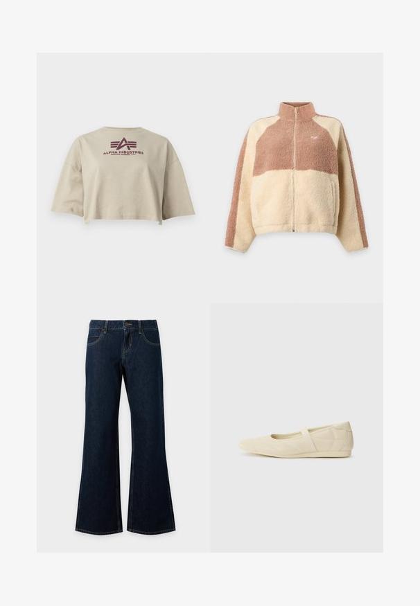 Fleecejakke med fuld lynlås foran, høj krave og farveblokke i beige og lysebrun, med et lille hjerte-logo på brystet.; Beige cropped t-shirt lavet af bomuld, med korte ærmer og rund halsudskæring. Den har et maroon "Alpha Industries" logo på ryggen.; Mørkeblå denimjeans med knap og lynlås foran, fem lommer og let udvidede vide ben.; Lysebrune ballet flats med en glat læderoverflade, mandelformet tå og elastisk rem over vristen, med diskrete syninger.