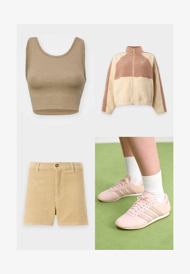 Veste en polaire avec fermeture éclair intégrale à l'avant, col haut et blocs de couleur beige et marron clair, avec un petit logo cœur sur la poitrine.; Débardeur court beige en tissu tricoté texturé avec un col rond et de larges emmanchures, présentant une coupe épurée et simple, sans fermetures.; Shorts en velours côtelé khaki avec un motif texturé en relief, dotés d'une fermeture à bouton à l'avant et de deux poches latérales. Design classique à coupe droite.; Baskets de sport rose clair avec des coutures en diagonale, semelles blanches et trois rayures latérales. Portées avec des chaussettes blanches à côtes sur une surface verte.