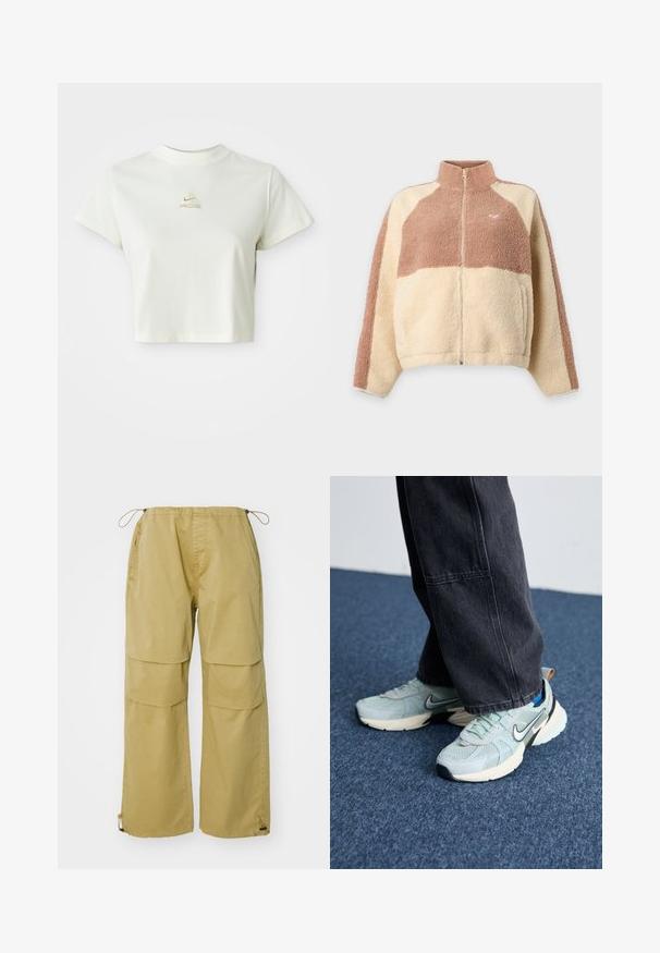 Fleecejakke med fuld lynlås foran, høj krave og farveblokke i beige og lysebrun, med et lille hjerte-logo på brystet.; Kort hvid cropped t-shirt med et lille beige Nike ACG-logo centreret under halsudskæringen; Cargo bukser i khaki, med brede ben, elastisk talje, frontlommer og justerbare snore i nakkeskørtet. Fremstillet af letvægtsstof.; Lyseblå mesh Nike sneakers med struktureret finish, sort swoosh og cremefarvet mellemsål, parret med mørkegrå vide bukser.
