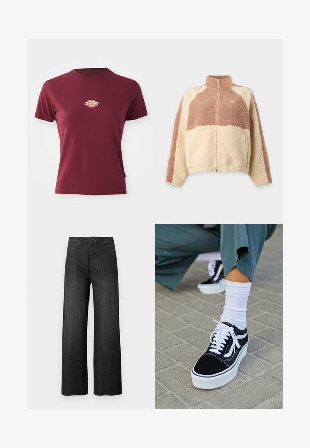 Veste en polaire avec fermeture éclair intégrale à l'avant, col haut et blocs de couleur beige et marron clair, avec un petit logo cœur sur la poitrine.; T-shirt court à manches courtes de couleur bordeaux en coton, avec un col rond et un petit logo "Dickies" multicolore sur la poitrine.; Jean noir taille haute à jambes larges avec poches avant, fermeture à boutons et passants pour ceinture sur un fond clair uni.; Baskets en suède noir avec des accents et des lacets blancs, présentant une épaisse semelle blanche et des coutures contrastantes, associées à une chaussette blanche.