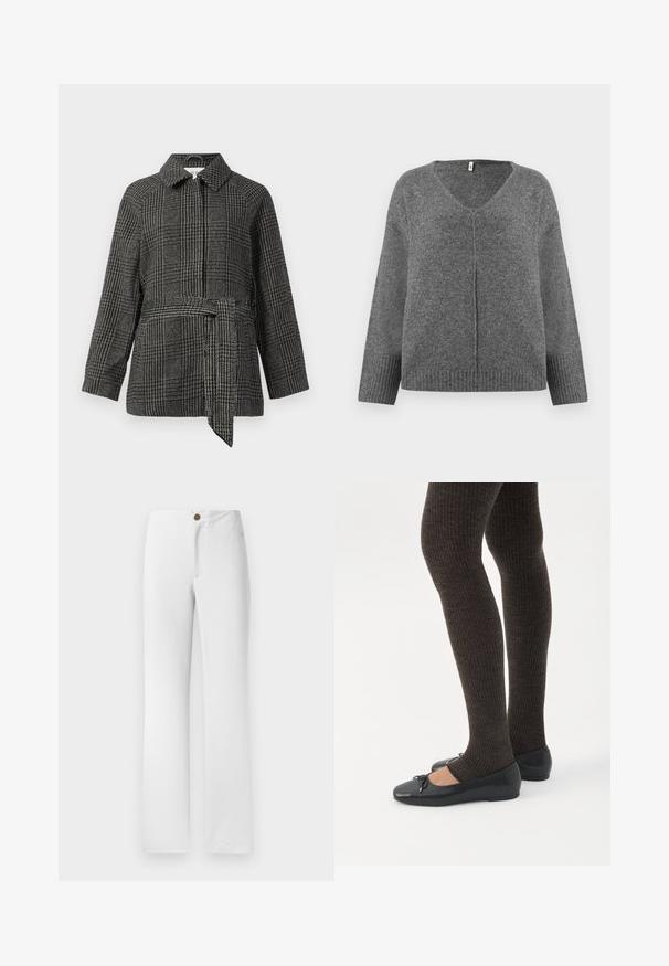 Veste à carreaux en gris et noir, avec un col, des manches longues, une taille cintrée avec une ceinture en tissu et une surface en tissu texturé.; Pull gris en V à manches longues, fabriqué dans un matériau doux. Présente des détails côtelés aux poignets et à l'ourlet, avec une coupe ample et décontractée.; Pantalons blancs à jambes droites avec une fermeture à bouton doré, un devant plat et une texture de tissu lisse. Aucun motif ni embellissement visible.; Jambes portant des leggings côtelés foncés associés à des ballerines noires avec de petits détails en nœud sur fond blanc.