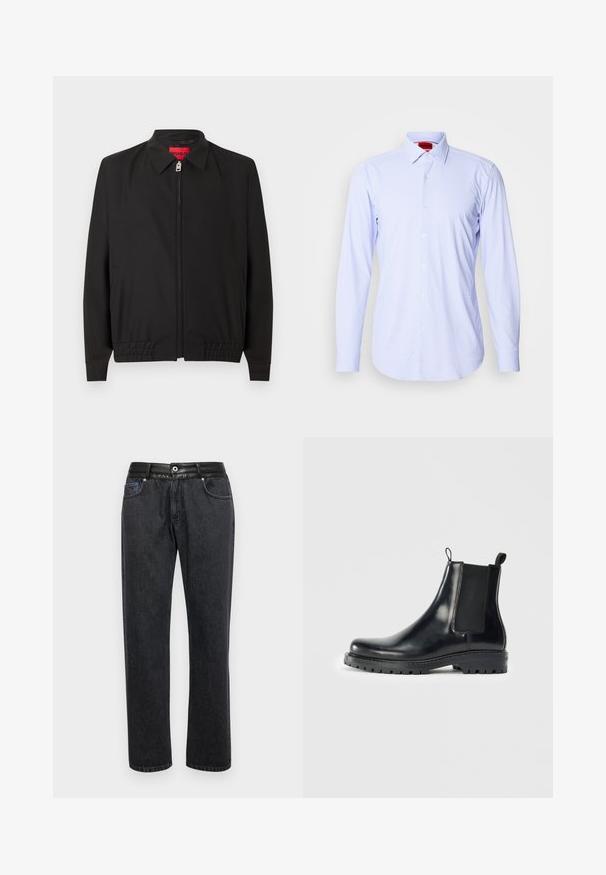 Veste noire zippée avec col, ourlet élastique, manches longues, poches latérales et étiquette intérieure rouge.; Chemise boutonnée bleu clair à motifs, à manches longues et col classique. Présente de petits carreaux et des boutons blancs. Texture du tissu lisse.; Jeans en denim noir avec une coupe droite, dotés d'une ceinture en cuir lisse, de poches avant et de détails de couture subtils.; Bottes Chelsea en cuir noir avec des panneaux élastiques sur les côtés, une languette pour un enfilage facile et une semelle en caoutchouc robuste avec une adhérence texturée.