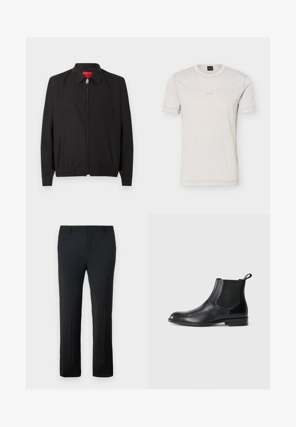 Sort lynlåstrøje med krave, elastisk kant, lange ærmer, sidelommer og rød indvendig etiket.; Off-white kortærmet t-shirt med rund hals, subtil "BOSS"-logo på brystet og sort nakkemærke med orange "BOSS"-bogstaver.; Sorte skræddersyede bukser med en glat tekstur, lige ben-design, sikker talje og uden synlige mønstre eller dekorationer.; Sorte læder ankelstøvler med elastiske sidepaneler, rund tå og en trækloft. Glat tekstur, flad sål, minimalistisk design.