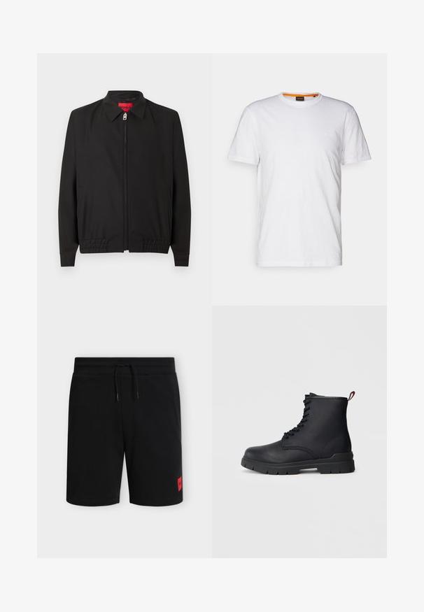 Schwarze Reißverschlussjacke mit Kragen, elastischem Saum, langen Ärmeln, Seitentaschen und rotem Innenetikett.; Weißes Baumwoll-T-Shirt mit Rundhalsausschnitt, kurzen Ärmeln und einem dezenten geprägten Logo auf der Brust. Das Innenschild hat einen orangefarbenen Akzent.; Schwarze knielange Shorts mit elastischem Bund und Kordelzug, mit einem kleinen roten rechteckigen Logo-Patch am unteren linken Bein.; Schwarze Leder-Stiefelette mit Schnüroptik, dickem Gummisohle und roter Schlaufe am Absatz, vor einem schlichten, hellen Hintergrund gezeigt.
