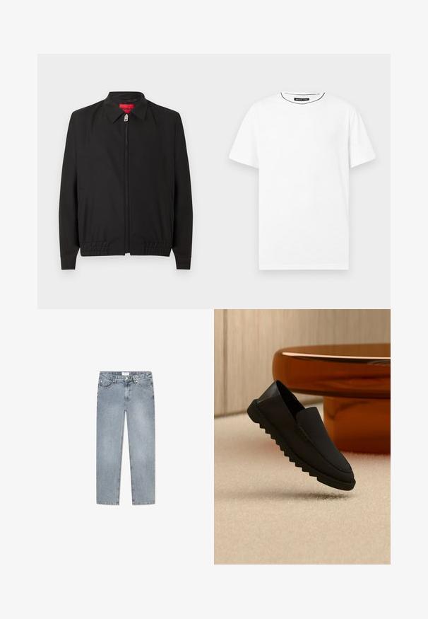 Zwarte jas met ritssluiting en kraag, elastische zoom, lange mouwen, zijzakken en een rood binnenlabel.; Effen wit T-shirt met korte mouwen en een ronde hals, met een klein zwart label van Michael Kors binnenin de halslijn.; Lichtblauwe denim jeans met een rechte snit, vijf zakken, knoopsluiting, subtiele vervaging en gestikte details langs de zakken.; Zwarte instapperschoen met dikke geribbelde zool die boven een beige tapijt zweeft voor een ronde amberkleurige tafel.