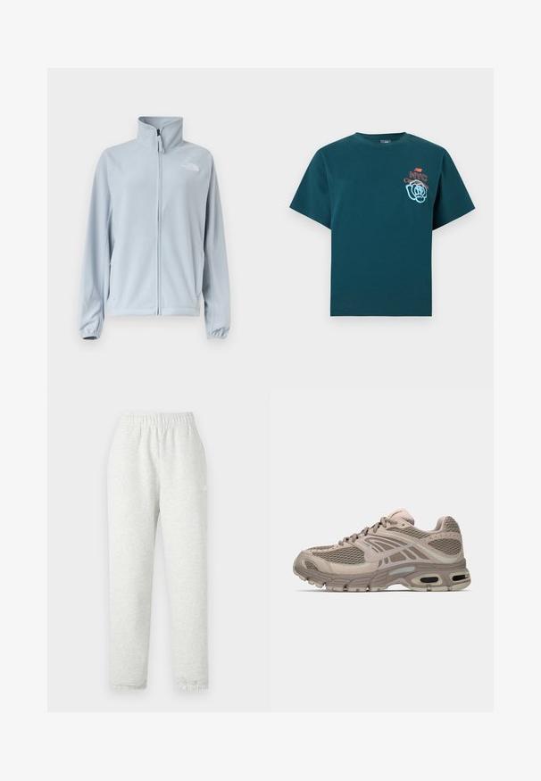 Lichtblauwe fleecejas met volledige ritssluiting aan de voorkant, hoge kraag, zijzakken, elastische manchetten en een klein logo op de linkerborst.; Donkerturquoise T-shirt met korte mouwen met de tekst "NYC City park tour" en een blauwe bloemenafbeelding op de linkerborst.; Lichtgrijze sweatpants met een elastische tailleband, taps toelopende pijpen en ribgebreide manchetten. Gemaakt van een zachte, gestructureerde stof. Witte logodetail aan de zijkant.; Beige sportschoen met bovenwerk van mesh, gevormde accenten, ronde neus en zichtbare luchtkussens in de zool. Veters in een neutrale tint.