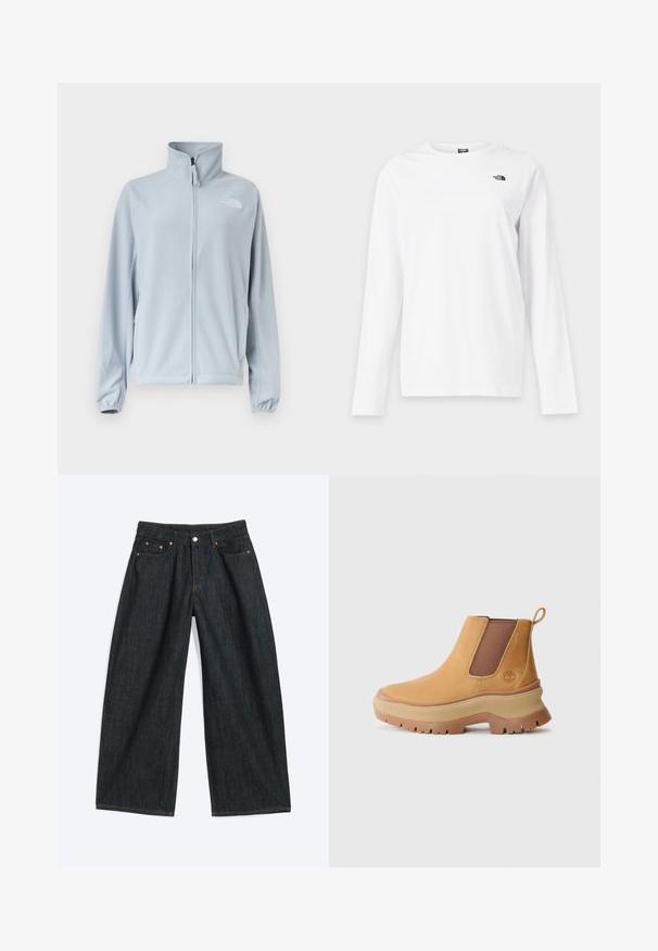Lyseblå fleecejakke med fuld lynlås foran, høj krave, sidelommer, elastiske manchetter og lille logo på venstre bryst.; Hvid langærmet T-shirt med rund hals og lille sort The North Face-logo på venstre bryst.; Mørkeblå vidbenede denimjeans med forlommer og bæltestropper, lagt fladt på en lys baggrund.; Brune læder ankelstøvle med elastiske sidepaneler, afrundet tå og tyk gummisål med dyb profil; har en trækstrop bag på hælen.