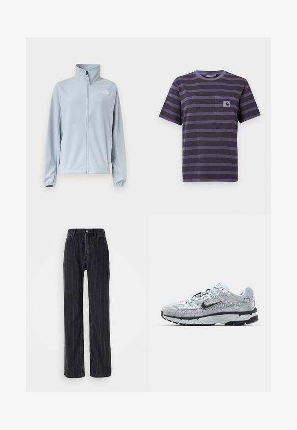 Veste polaire bleu clair avec fermeture éclair intégrale à l'avant, col montant, poches latérales, poignets élastiques et petit logo sur le côté gauche de la poitrine.; T-shirt violet à rayures avec une poche sur la poitrine gauche, présentant des rayures noires horizontales. Tissu doux, manches courtes, col rond.; Jean en denim noir taille haute avec un motif rayé vertical, coupe droite et fermeture à bouton métallique à l'avant.; Baskets Nike P-6000 avec une tige en mesh gris clair, des accents noirs et une semelle en caoutchouc noir durable. Présente un design complexe et un système de laçage.