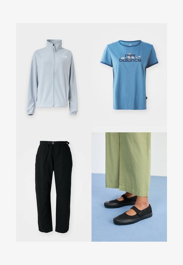 Lichtblauwe fleecejas met volledige ritssluiting aan de voorkant, hoge kraag, zijzakken, elastische manchetten en een klein logo op de linkerborst.; Blauwe katoenen t-shirt met korte mouwen, marineblauwe afwerking, met "new balance" tekst en bloemenontwerpen in het wit en geel op de voorkant.; Zwarte lichtgewicht broek met een elastische tailleband en verstelbare riem. Kenmerkt zich door taps toelopende benen en versterkte knieën voor duurzaamheid.; Zwarte canvas schoenen met een ronde neus, rubberen zool en een gespstrap. Gecombineerd met losse, lichtgroene broeken.