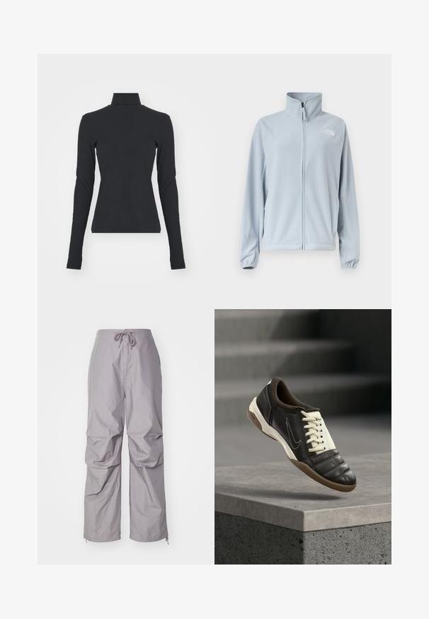 Lyseblå fleecejakke med fuld lynlås foran, høj krave, sidelommer, elastiske manchetter og lille logo på venstre bryst.; Sort ribbet turtle neck bluse med lange ærmer, tætsiddende pasform, glat tekstur og subtil stræk, designet til komfort og lagdeling.; Grå, løstsiddende bukser lavet af letvægtigt stof, med snøre i taljen og tapered ærmer med lynlåse. Tekstureret finish.; Mørkebrun lædersneaker med cremehvide snørebånd, en polstret krave og en tekstureret tå. Har en gummisål og en sidelæns swoosh-logo.