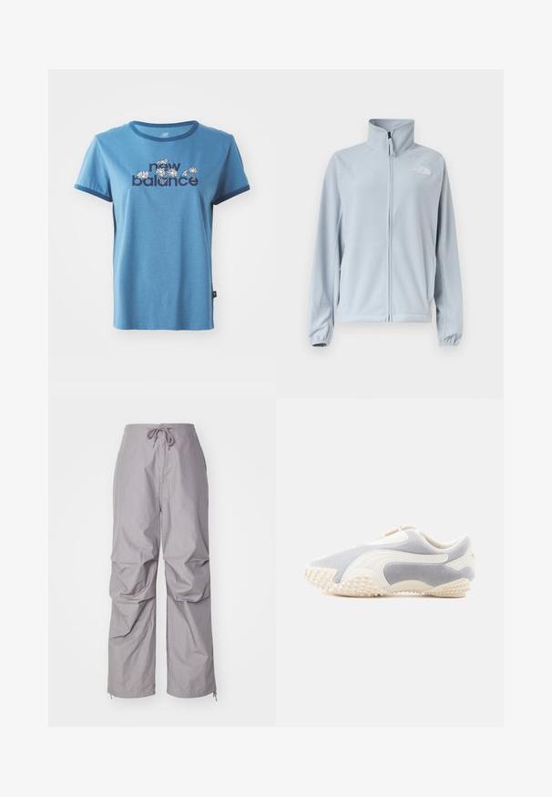 Lyseblå fleecejakke med fuld lynlås foran, høj krave, sidelommer, elastiske manchetter og lille logo på venstre bryst.; Blå bomulds t-shirt med korte ærmer, marineblå kant, med "new balance" tekst og blomsterdesign i hvid og gul på forsiden.; Grå, løstsiddende bukser lavet af letvægtigt stof, med snøre i taljen og tapered ærmer med lynlåse. Tekstureret finish.; Sportsko i lys grå ruskind med hvide læderdetaljer. Har en tekstureret sål med små pigge for bedre greb. Slip-on design.