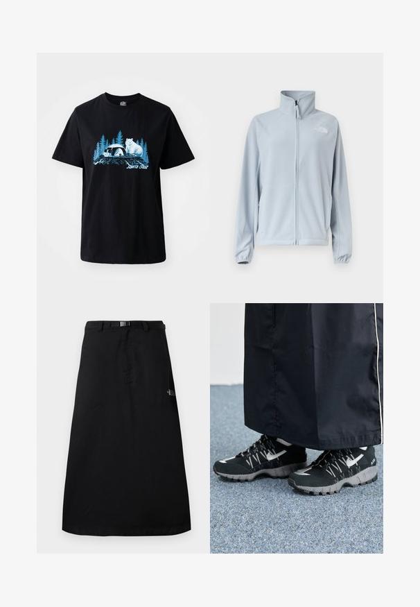 Chaqueta polar azul claro con cremallera frontal completa, cuello alto, bolsillos laterales, puños elásticos y pequeño logotipo en el pecho izquierdo.; Camiseta de algodón negra con un gráfico azul de un oso y un panda con árboles de fondo. Manga corta y cuello redondo.; Falda midi negra con cinturón de cintura ajustable y logo de The North Face en el lado derecho.; Zapatillas deportivas negras con un upper texturizado, detalles plateados y una suela con patrón, combinadas con una prenda larga negra. Colocadas sobre una alfombra azul.
