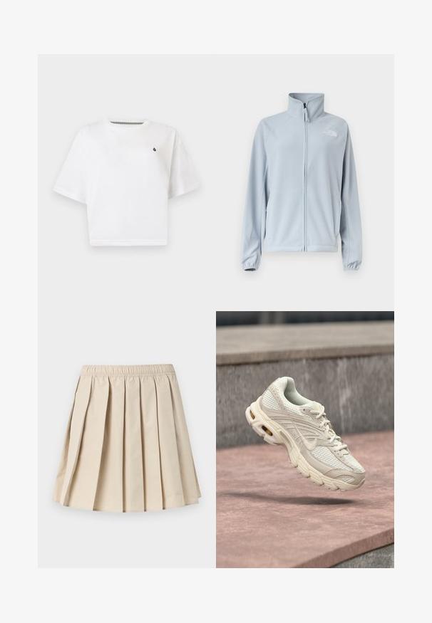 Veste polaire bleu clair avec fermeture éclair intégrale à l'avant, col montant, poches latérales, poignets élastiques et petit logo sur le côté gauche de la poitrine.; T-shirt blanc court à manches courtes avec petit logo noir sur le côté gauche de la poitrine, encolure ronde, coupe décontractée sur fond uni.; Jupe plissée beige avec taille élastique, longueur au genou, tissu lisse, plis plats uniformément espacés.; Chaussure de sport beige clair avec une tige en mesh, un embout arrondi et une semelle intermédiaire texturée. Elle comporte un col matelassé et un laçage avec un logo subtil.