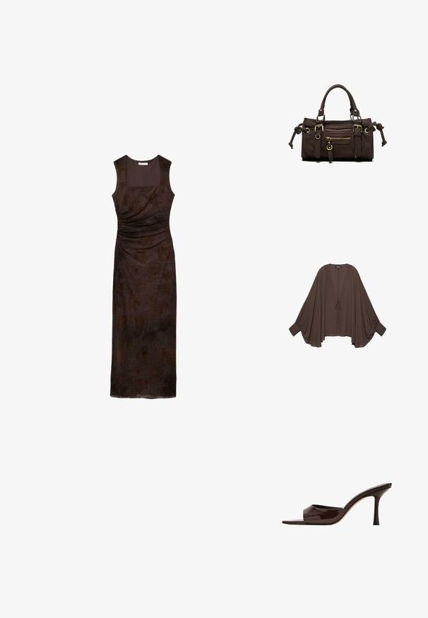 Blouse ample marron foncé avec manches longues larges, col en V profond et fermeture à nouer à l'avant, présentée sur un fond blanc.; Robe midi ajustée sans manches de couleur brun foncé avec un motif floral subtil et un détail froncé sur un côté, décolleté carré et ourlet droit.; Mule en cuir verni marron foncé, à bout ouvert, avec une large bride et un talon haut fin sur fond blanc.; Sac à main en cuir marron foncé avec double poignée, poche avant zippée, boucles décoratives et nœuds latéraux sur fond blanc.