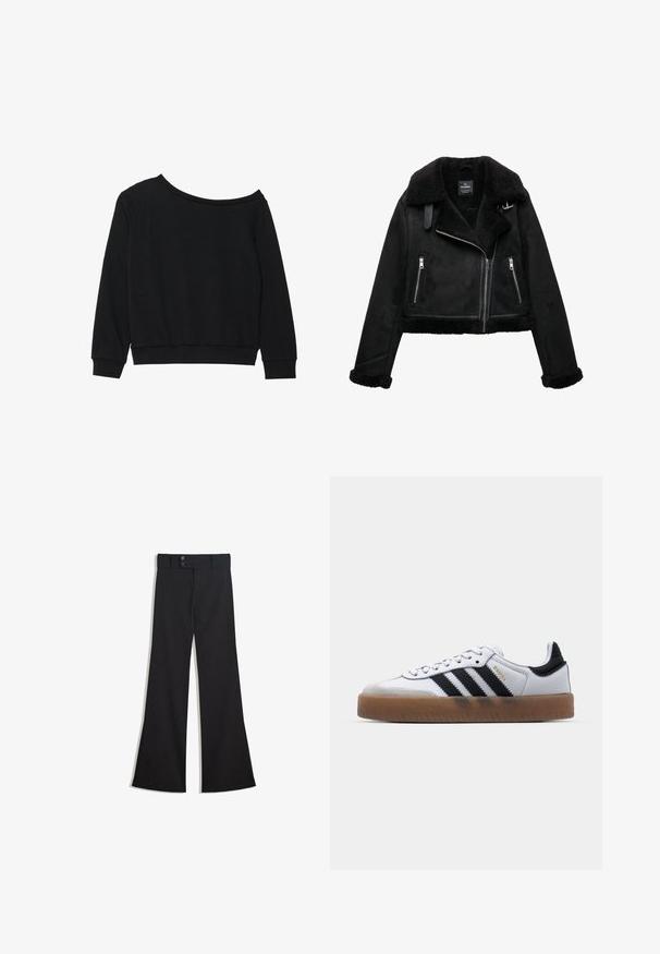 Veste noire en fausse peau de mouton avec un design court, un grand col, des poches zippées et une bordure texturée le long des poignets et de l'ourlet.; Sweatshirt noir dégageant les épaules, avec des manches longues, des poignets et une taille côtelés en tissu doux et léger. Design simple et sans ornements.; Pantalon noir taille haute à jambes larges avec une taille à double bouton et une fermeture éclair frontale, présenté à plat sur un fond blanc.; Baskets en cuir blanc avec des rayures noires, semelle extérieure en caoutchouc beige, bout rond, fermeture lacée et embout en suède gris doux.