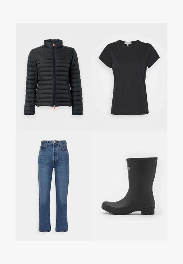 Veste matelassée noire avec col haut, fermeture éclair avant complète et tirettes de fermeture éclair orange sur fond uni.; T-shirt noir à manches courtes en coton doux, avec un col rond et un design simple et épuré, offrant une coupe légèrement décontractée.; Jeans bleus taille haute en denim, avec un design à jambe droite, style cinq poches et fermeture par bouton métallique.; Botte de pluie en caoutchouc noire avec une finition lisse, un orteil rond et une semelle texturée. Présente un logo sur le côté et un talon droit et haut.