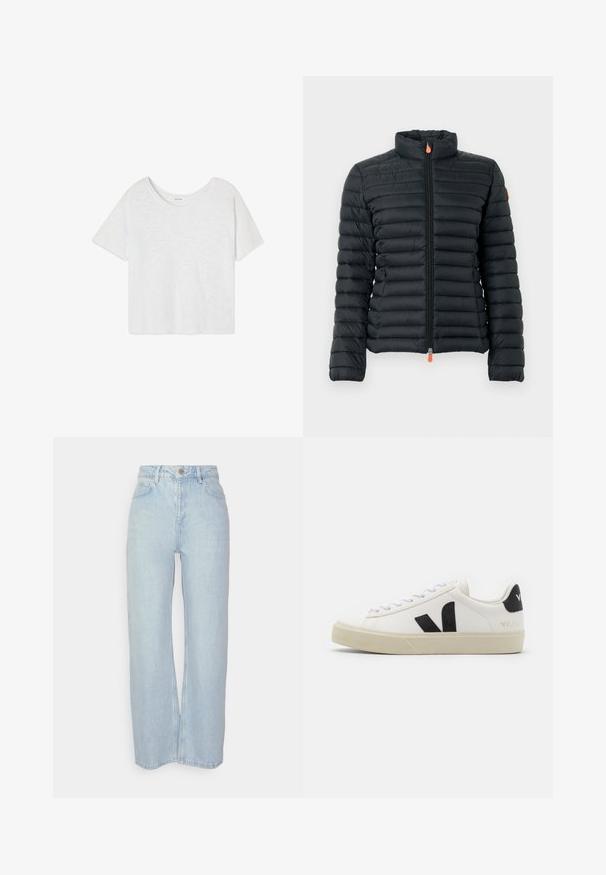 Zwarte gewatteerde pufferjack met hoge kraag, volledige ritssluiting en oranje ritshendels op een effen achtergrond.; Effen wit, kort mouwtjes, cropped T-shirt met een ronde hals, getoond op een witte achtergrond.; Lichtblauwe denim jeans met een hoge taille, een losse pasvorm, subtiele wassing, vijf-pocket ontwerp en zilveren hardware accenten.; Witte leren sneaker met zwart rubberen V-logo. Getextureerde off-white zool, witte veters en een achterkant met een detail van de merknaam in het zwart.