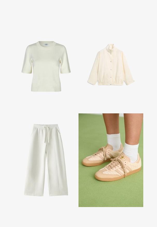 Elfenbensfarvet letvægtsjakke med høj krave, trykknaplukning foran, lange ærmer, elastisk kant og sidelommer.; Strikket kortærmet sweater i off-white med rund halsudskæring og en glat, blød tekstur. Enkel og klassisk design.; Hvide bukser med vide ben, elastik i taljen, snøre foran, sidelommer og synlige syninger på ensfarvet baggrund.; Fødder iført beige vævede Adidas sneakers med gummisåler og hvide ankelsokker på en grøn struktureret gulv.