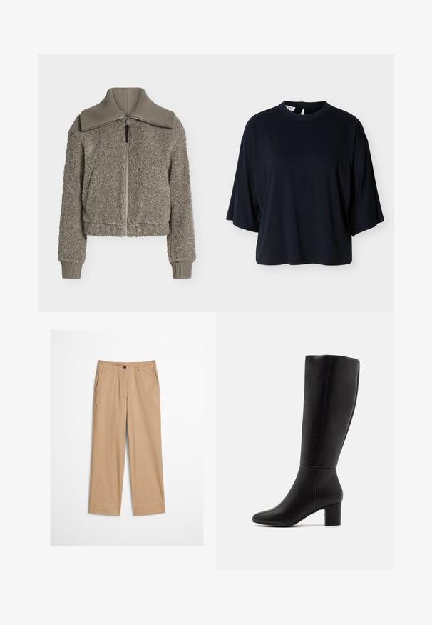 Fleecejas in taupekleur met een brede geribbelde kraag, ritssluiting aan de voorkant, geribde manchetten en een gestructureerde zachte stof.; Zwarte oversized kortärmelige blouse met ronde halslijn en knoopsluiting aan de achterkant, afgebeeld op een witte achtergrond.; Beige katoenen broek met rechte pijpen, een knoopsluiting aan de voorkant en een gladde textuur. Voorzien van standaard riemlussen en een platte voorkant.; Anna Field by Zalando Laarzen - black