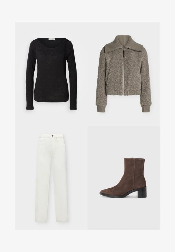 Fleecejacke in Taupe mit einem breiten, gerippten Kragen, Frontreißverschluss, gerippten Bündchen und einem strukturierten, weichen Stoff.; Schwarzes langärmliges Oberteil aus leichtem, strukturiertem Stoff. Hat einen runden Halsausschnitt und eine figurbetonte Silhouette mit minimalen Details.; Weiße High-Waist Straight-Leg Jeans aus Denim mit Knopfverschluss und Vordertaschen, vor schlichtem Hintergrund dargestellt.; Braune Wildleder-Ankle Boots mit spitzer Zehenpartie und Blockabsatz. Verfügt über eine glatte Textur und ein Logo-Detail an der Seite.