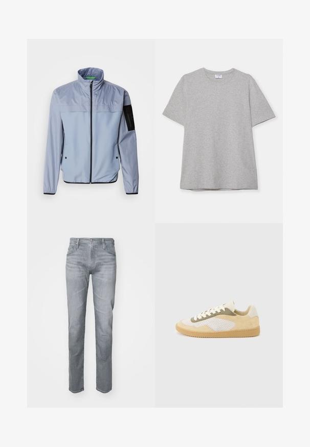 Helles blaues, langärmliges Jackett mit hohem Kragen, Reißverschluss vorne und schwarzen Akzenten. Verfügt über eine Tasche am linken Ärmel und elastische Bündchen.; Graues T-Shirt mit kurzen Ärmeln aus weichem, strukturiertem Stoff. Verfügt über einen klassischen Rundhalsausschnitt und einen geraden Saum, geeignet für legere Trageanlässe.; Graue Denim-Jeans mit geradem Schnitt, Fünf-Taschen-Design, Gürtelschlaufen und einer Vorderknopf-Verschluss. Subtile Ausbleichungen für Textur.; Niedrig geschnittener Sneaker aus beigem Wildleder, weißen Mesh-Einsätzen, olivfarbenen Akzenten, weißen Schnürsenkeln und Gummisohle auf hellgrauem Hintergrund.