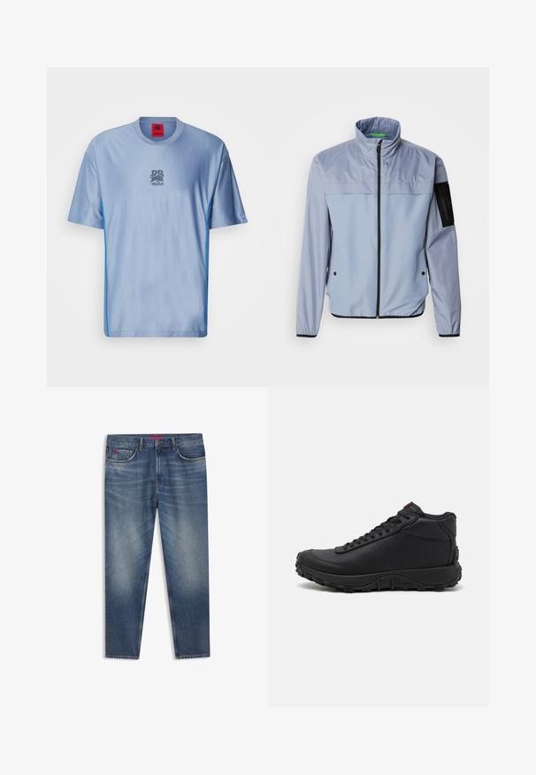Lichtblauwe, langegedeelte jas met een hoge kraag, rits aan de voorkant en zwarte accenten. Heeft een zak op de linkermouw en elastische boorden.; Lichtblauwe sport t-shirt met een gestructureerd patroon, ronde halslijn, contrasterende blauwe zijaccenten en een grijze logo op de borst.; Blauwe denim jeans met een klassiek ontwerp, voorzien van een knoopsluiting, vijf zakken en subtiele vervaging. Rechte pijp, medium wassing.; Zwarte high-top sneakers van gestructureerd leer, voorzien van een dikke rubberen zool met grippatronen en een vetersluiting. Rode accenten op de tong.