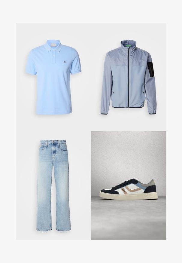 Veste bleu clair à manches longues avec un col haut, fermeture éclair sur le devant et accents noirs. Présente une poche sur la manche gauche et des poignets élastiques.; Polo shirt à manches courtes bleu clair en coton, avec une patte de boutonnage à deux boutons et un petit logo brodé sur la poitrine gauche.; Jean large bleu clair à taille haute, avec une finition délavée, des passants de ceinture et un design classique à cinq poches. L'ourlet est brut.; Baskets BOSS blanches, bleu marine, bleu et beige avec des lacets noirs, flottant au-dessus d'un sol en béton poli près d'un mur en parpaings de verre.