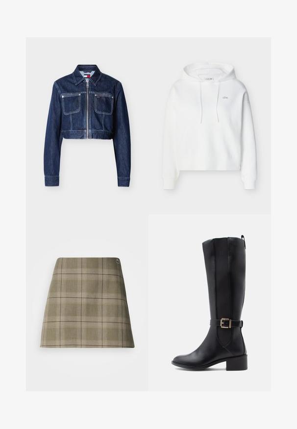 Donkerblauwe cropped spijkerjack met rits aan de voorkant, twee klepzakken op de borst, witte stiksels en een spitse kraag.; Witte hoodie met lange mouwen, een voorzak in kangaroostijl, trekkoorden en een klein geborduurd Lacoste krokodillenlogo op de borst.; Geruite mini-rok in olijfgroen en beige, met een rechte snit, een subtiele textuur en een klein logo-accent bij de tailleband.; Lange zwarte leren laars met een lage blokhak, elastische zijpanelen en een decoratieve gouden gesp rond de enkel.