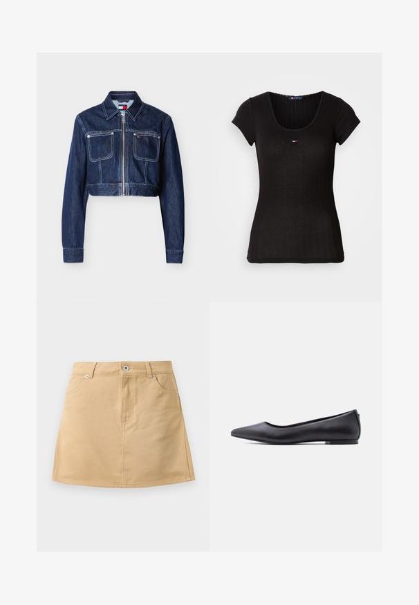 Veste en denim bleu foncé coupée, avec fermeture éclair à l'avant, deux poches poitrine à rabat, coutures blanches et col pointu.; T-shirt noir à manches courtes côtelé, avec un col rond et un petit logo sur la poitrine. Fabriqué en tissu doux et léger.; Jupe en denim beige mini avec poches avant, passants de ceinture et fermeture à bouton en métal sur fond blanc.; Chaussure plate en cuir noire à bout pointu avec petit talon, vue de profil sur fond blanc.