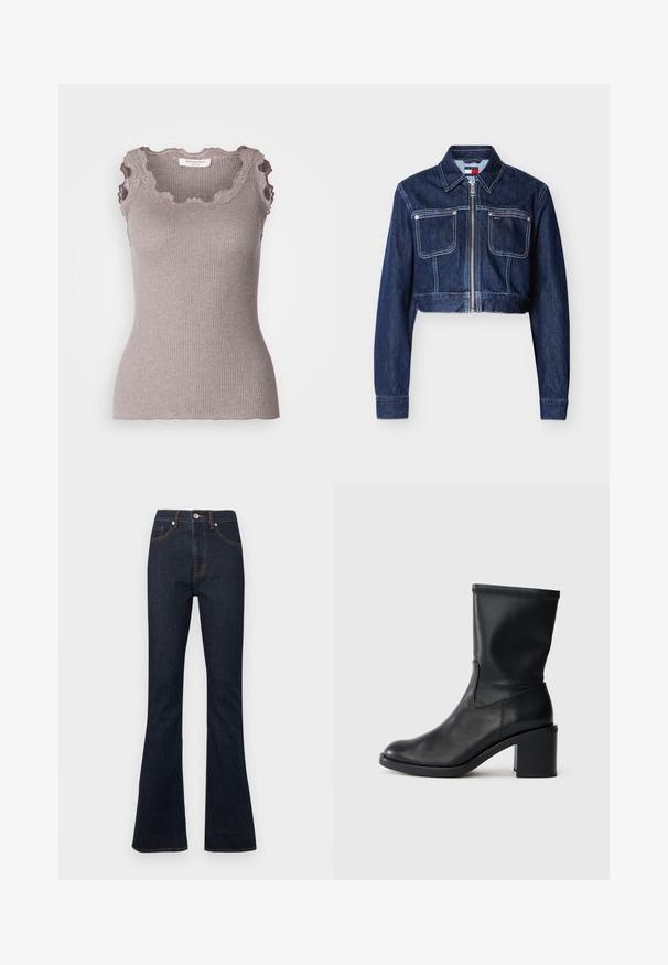 Mørkeblå cropped denimjakke med lynlås foran, to brystlommer med klap, hvide syninger og en spids krave.; Ribbet, ærmeløs top i dæmpet taupe med blondebesatte scalloped halsudskæring og rå kantdetaljer for tekstur og detalje.; Mørkeblå denim flare jeans med høj talje, med orange syninger, en forlommer og en enkelt knaplukning i taljen.; Sort læder ankelstøvle med rund tå, glat tekstur og en grov hæl, der har et tætsiddende skaft og subtil syning.