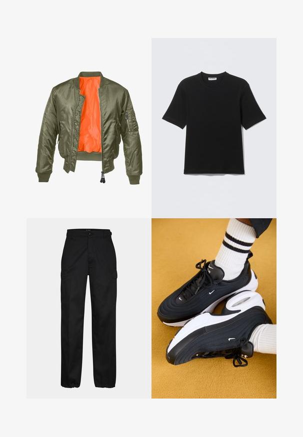 Olivenfarvet bomberjakke med lynlås foran, ribbede manchetter og orange foret. Har en sidelomme med lynlåslukning og en glat satin tekstur.; Sort kortærmet T-shirt med rund hals og "WEEKDAY" mærke på indersiden af kraven, vist fladt på en lys baggrund.; Sorte cargo bukser med lige pasform, der har sidelommer, knaplukning og elastiske manchetter ved anklerne. Fremstillet af slidstærkt stof.; Sorte Nike Air Max 97 sneakers med tekstureret overdel, hvid sål og sorte accenter. Båret med hvide ribbede sokker med sorte striber.