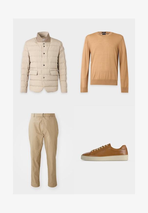 Beige quiltet jakke med høj krave i kontrasterende stof, front med trykknapper og to lommer med klap i taljehøjde.; Langærmet beige rundhals trøje med ribstrikkede manchetter og kant, vist på en ensfarvet lys baggrund.; Beige chinos i en glat bomuldsblanding med en slim fit, flad front, bæltestropper og en simpel sølvspænde i et minimalistisk design.; Lavtop brun læder sneaker med cremefarvede snørebånd og tyk cremefarvet gummisål vist i sideprofil på hvid baggrund.