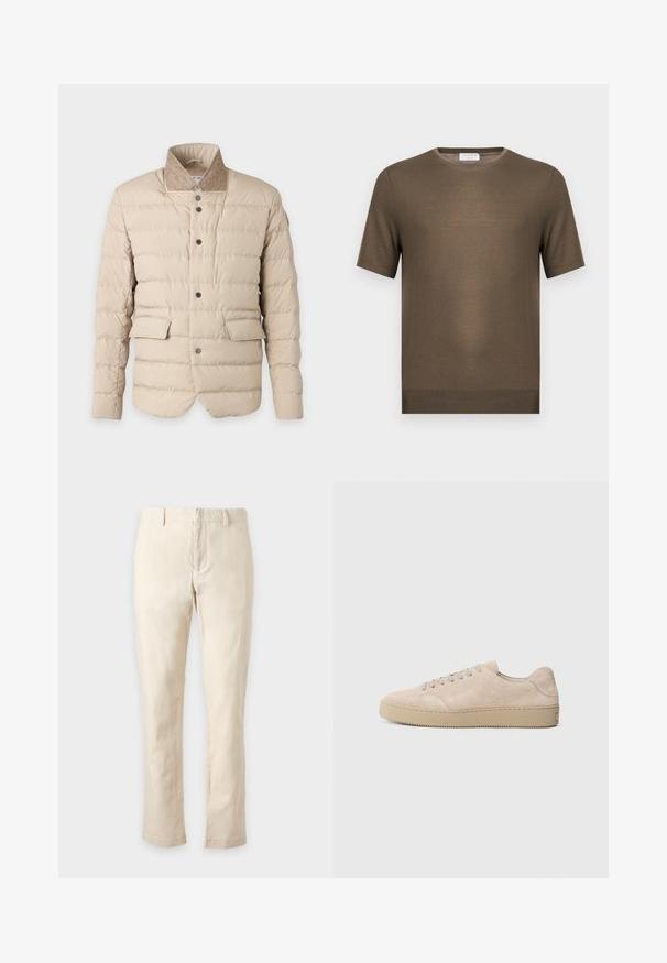 Veste matelassée beige avec col montant en tissu contrastant, boutons-pression sur le devant et deux poches à rabat au niveau de la taille.; Pull en maille vert olive à manches courtes avec encolure ronde et ourlet côtelé, présenté sur fond blanc uni.; Pantalon slim beige avec passants de ceinture et fermeture éclair à l'avant, présenté sur un fond neutre.; Baskets en daim beige avec un bout rond, des lacets plats et une semelle en caoutchouc texturé. Design minimaliste avec des bords lisses et des coutures discrètes.