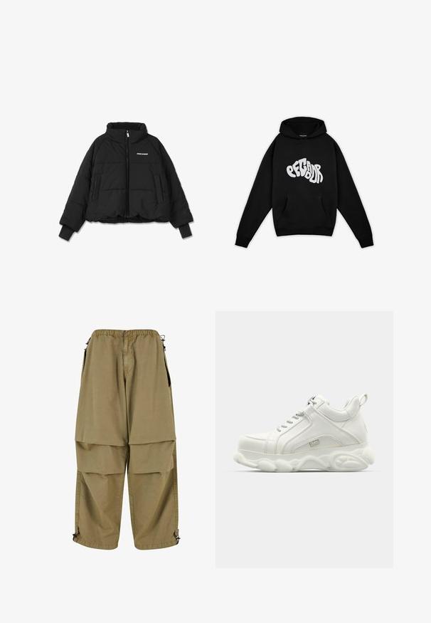 Sort kort pufferjakke med høj krave, lynlås foran og to sidelommer; har ribbede manchetter og et logo på brystet.; Pegador PALUMA OVERSIZED HOODIE - Sweatshirt - black; Beige cargo bukser med elastisk talje, store forlommer og justerbare manchetter. Lavet af letvægtsmateriale med en glat tekstur.; Hvide atletiske sneakers med en glat læderoverdel, rund sål og tekstureret accent. Har snørebånd og en slippe-strop bagpå.