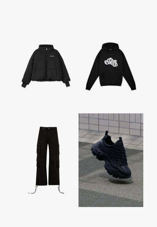 Sort kort pufferjakke med høj krave, lynlås foran og to sidelommer; har ribbede manchetter og et logo på brystet.; Pegador PALUMA OVERSIZED HOODIE - Sweatshirt - black; Sorte cargo bukser med en afslappet pasform, der har cargolommer på siderne, snøre i kanten og en knaplukning i taljen.; Sort lædersneaker med et kraftigt design, der har en tykk sål, teksturerede paneler og sorte snørebånd. Svævende over en grå belægning.