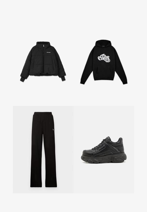 Zwarte cropped pufferjack met een hoge kraag, een ritssluiting aan de voorkant en dubbele zijzakken; beschikt over ribgebreide manchetten en een logo op de borst.; Pegador PALUMA OVERSIZED HOODIE - Sweater - black; Zwarte geribde wijde broek met elastische tailleband en klein decoratief logo, met een gladde textuur en een full-length ontwerp.; Zwarte chunky platform sneaker met een gestructureerde zool, veters aan de voorkant en merkdetails aan de zijkant en hiel.