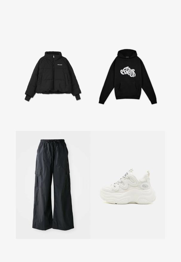 Chaqueta acolchada corta negra con un alto cuello, cremallera frontal y dos bolsillos laterales; presenta puños acanalados y un logotipo de marca en el pecho.; Pegador PALUMA OVERSIZED HOODIE - Sudadera - black; Pantalones cargo negros hechos de una tela ligera, con un diseño de pierna ancha, cinturilla elástica y múltiples bolsillos laterales. Sencillos y funcionales.; Zapatillas deportivas blancas y voluminosas que cuentan con una parte superior de malla y sintética, forma curvada, suela texturizada y un sistema de cordones destacado con detalles del logotipo.