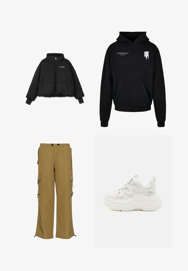 Schwarze, verkürzte Steppjacke mit hohem Kragen, Frontreißverschluss und zwei seitlichen Taschen; mit Rippbündchen und einem Markenlogo auf der Brust.; Schwarzer Kapuzenpullover mit Fronttasche, kleinem weißen Text auf der oberen linken Brust und stilisiertem "MG"-Logo auf der oberen rechten Brust.; Khakifarbene Cargo-Hosen mit elastischem Bund, mehreren Seitentaschen und verstellbaren Bündchen. Hergestellt aus einem strapazierfähigen Stoff mit glatter Textur.; Weiße klobige Sneaker mit einem Obermaterial aus Mesh und Synthetik, geschwungener Form, strukturiertem Absatz und einem auffälligen Schnürsystem mit Logodetails.