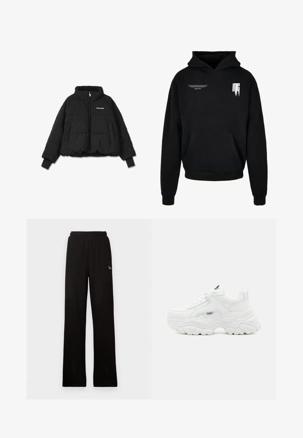 Zwarte cropped pufferjack met een hoge kraag, een ritssluiting aan de voorkant en dubbele zijzakken; beschikt over ribgebreide manchetten en een logo op de borst.; Zwarte hoodie met voorvak, kleine witte tekst op de bovenste linkerborst en gestileerd "MG"-logo op de bovenste rechterborst.; Zwarte geribde wijde broek met elastische tailleband en klein decoratief logo, met een gladde textuur en een full-length ontwerp.; Witte chunky sneakers met een soepel leren bovenwerk, ronde neus en een dikke, gestructureerde zool met een zichtbaar merklogo aan de zijkant.