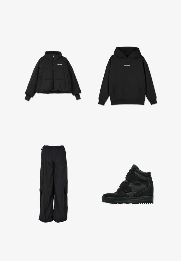 Veste rembourrée noire cropped avec un col haut, fermeture éclair avant et poches latérales doubles ; elle présente des poignets côtelés et un logo de marque sur la poitrine.; Haut à capuche noir avec une poche frontale, des poignets et un ourlet côtelés. Présente un logo "pegador" blanc sur la poitrine. Fabriqué en tissu doux.; Pantalon cargo noir à jambes larges avec ceinture élastique, poches latérales à rabat et cordons réglables à la taille et à l'ourlet.; Baskets montantes noires en suede et mesh, avec des bandes Velcro, une finition lisse et une semelle en caoutchouc texturée pour une meilleure adhérence.