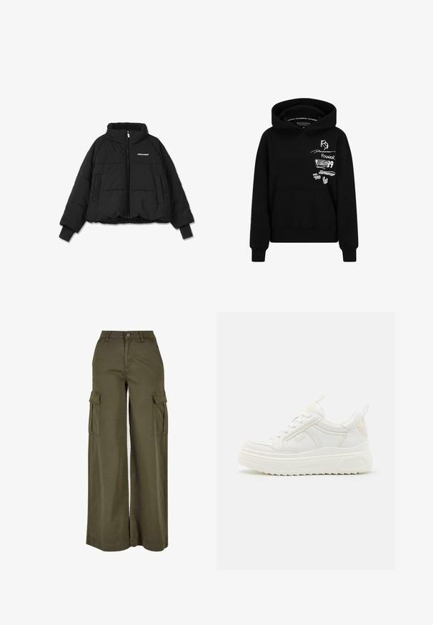Zwarte cropped pufferjack met een hoge kraag, een ritssluiting aan de voorkant en dubbele zijzakken; beschikt over ribgebreide manchetten en een logo op de borst.; Zwarte hoodie met een voorzak, een trekkoordkap en meerdere witte logo-afdrukken op de borst en mouw. Zacht katoenen materiaal.; Olijfgroene wijde cargobroek met twee zijzakken, gemaakt van een zachte, duurzame stof. Voorzien van gedetailleerde stiksels en een knoopsluiting.; Witte leren sneakers met een stevige zool, vetersluiting en subtiele branding. Heeft een zachte textuur en een ronde neus.