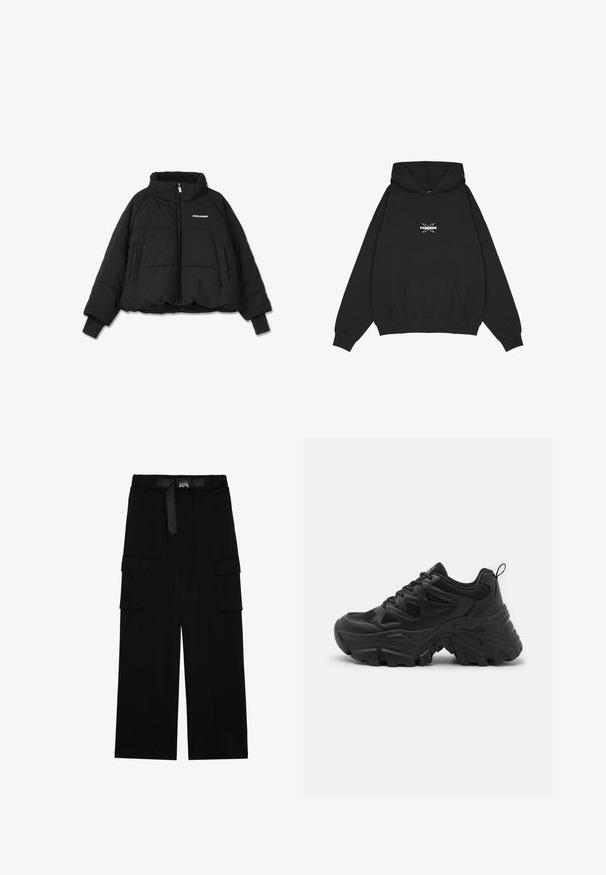 Sort kort pufferjakke med høj krave, lynlås foran og to sidelommer; har ribbede manchetter og et logo på brystet.; Pegador BELLY OVERSIZED HOODIE - Hættetrøje - washed black; Sorte cargo bukser med vidde ben, elastisk talje med bælte og to store sidelommer til opbevaring.; Sorte sportssko med en struktureret mesh-overdel, buet gummisåler og et fremtrædende dækmønster. Har integreret snøring og en pull tab.